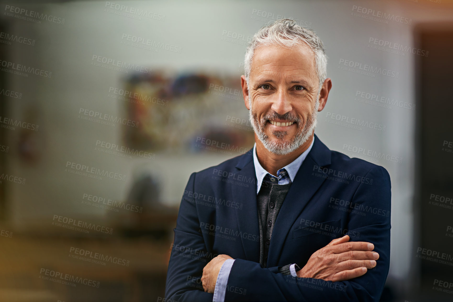 Buy stock photo Portrait, mindset and arms crossed with a business man in his office, looking happy about his company growth. Mission, vision and confidence with a senior male corporate manager standing at work