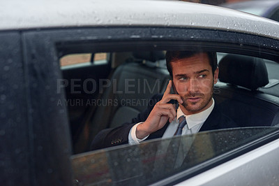 Buy stock photo Businessman, phone call and car window or city transportation or chauffeur, backseat or networking. Male person, vehicle and corporate professional in New York taxi or cab service, commute or meeting