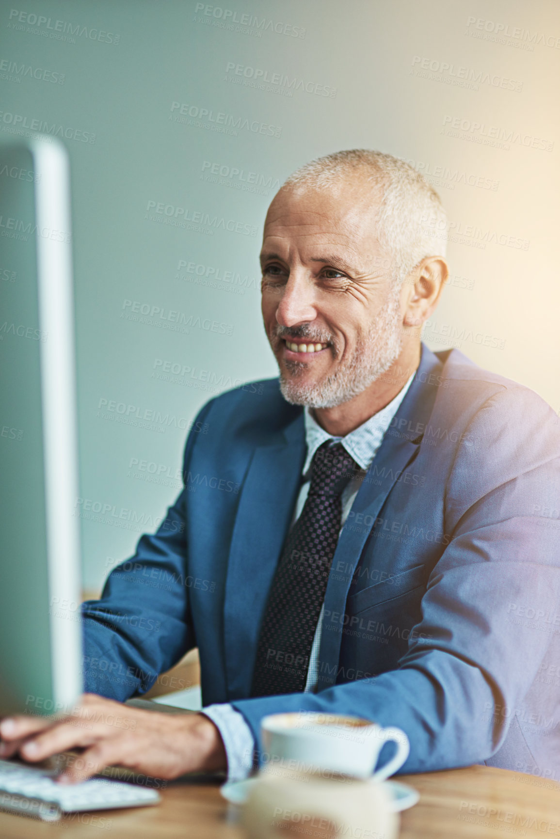 Buy stock photo Computer, research or mature businessman in office for email, reading or client, chat or b2b networking. Pc, search or happy broker online for review, report or planning with web communication