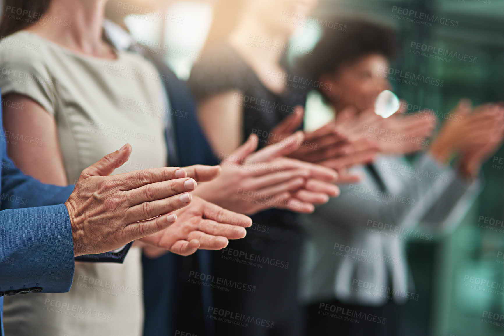Buy stock photo Teamwork, applause and hands of business people in office for good news, success and achievement. Corporate, audience and men and women clapping for celebration, winning and collaboration in meeting