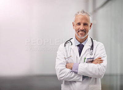 Buy stock photo Doctor, healthcare and happy portrait of a man in a hospital with mockup space for health insurance. Professional male medical worker with a stethoscope for a consultation, healing and wellness