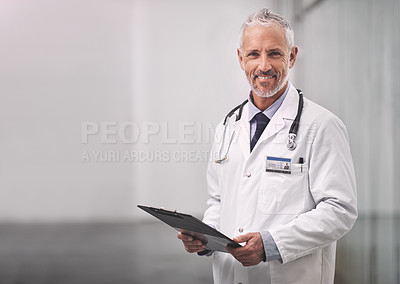 Buy stock photo Doctor, healthcare and portrait of a happy man in a hospital with mockup space for health insurance. Professional male medical worker with a stethoscope and clipboard for results, healing or wellness