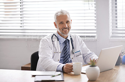 Buy stock photo Happy, laptop and portrait of a male doctor in his office doing diagnosis research in a hospital. Confidence, success and professional mature man healthcare worker with a computer in medical clinic.