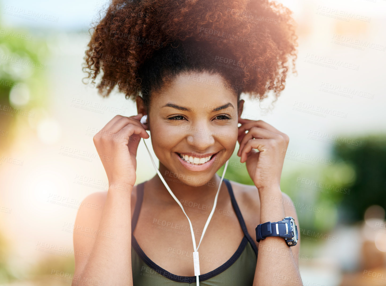 Buy stock photo Outdoor, woman and fitness with smile on earphones for streaming music, audio and playlist. African person, happy and satisfied on internet or online for radio with exercise, workout and self care