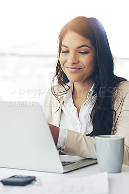 Buy stock photo Business woman, laptop and smile in office with vision, internet research and strategy for goals. Young executive, computer and brainstorming for ux ideas, success and website management in workplace
