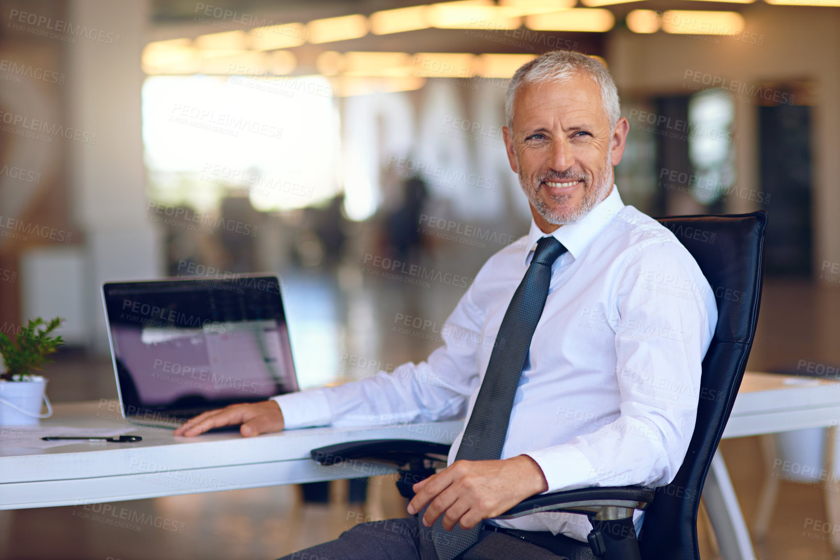 Buy stock photo Portrait of a mature businessman sitting at his desk in an office
