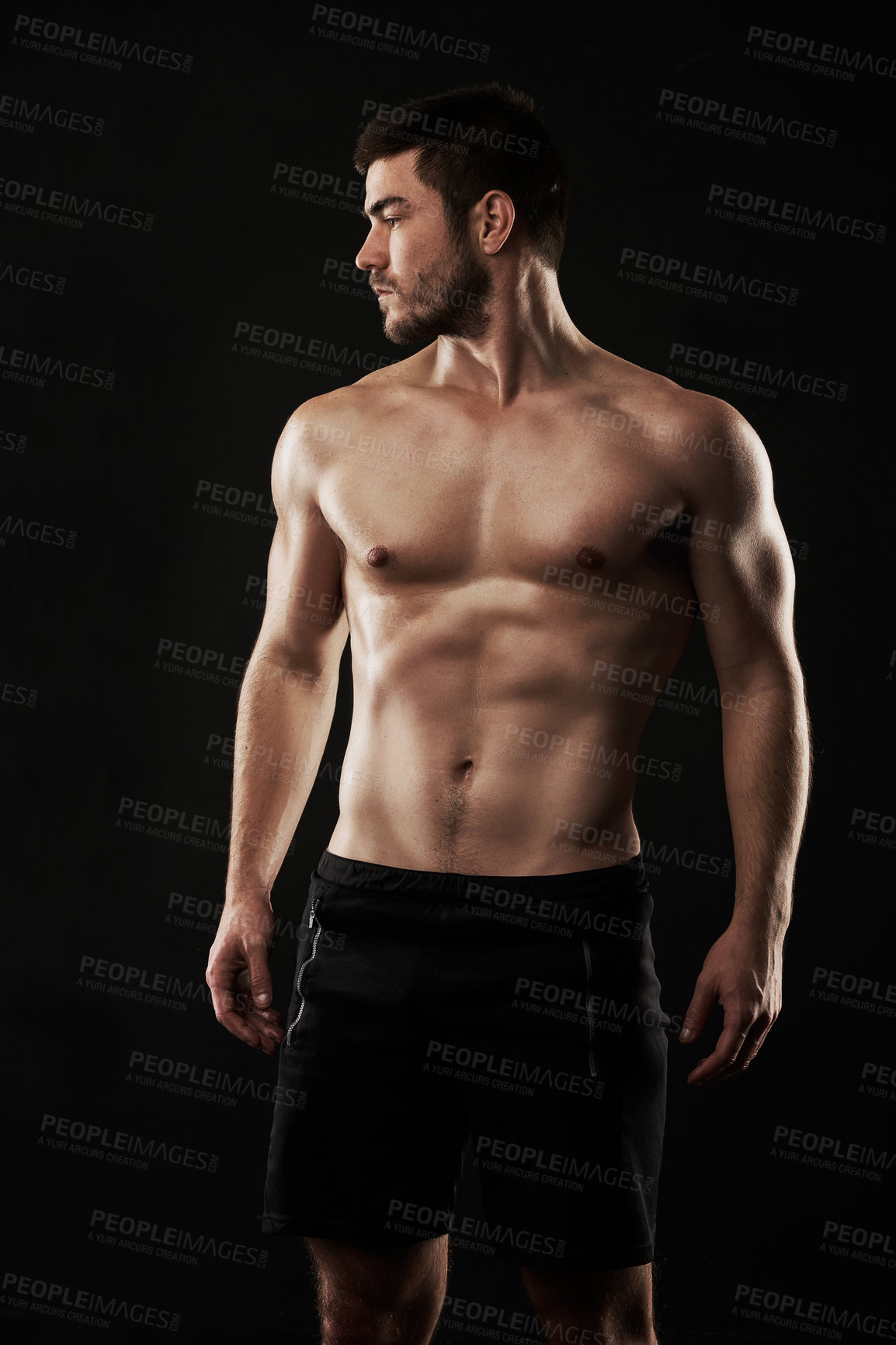 Buy stock photo Fitness, health and man shirtless for strong body, sports and cardio training isolated in studio. Male person, bodybuilder and abs from balance exercise and core workout with dark background