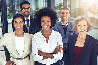 Buy stock photo Portrait, happy business people and diversity of teamwork, global collaboration and corporate confidence in office. Group, professional employees and smile for trust, pride and solidarity in company