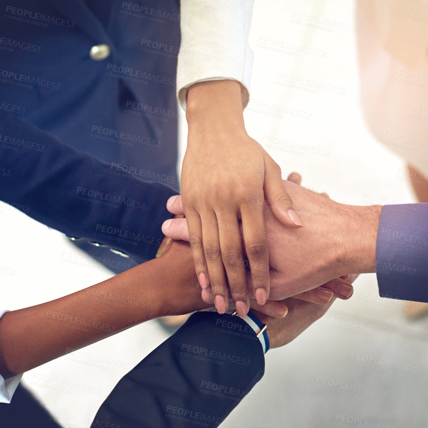 Buy stock photo Team building, business and hands in solidarity in office for goal support, mission and huddle motivation top view. Teamwork, partnership or people with cooperation, trust and vision or collaboration