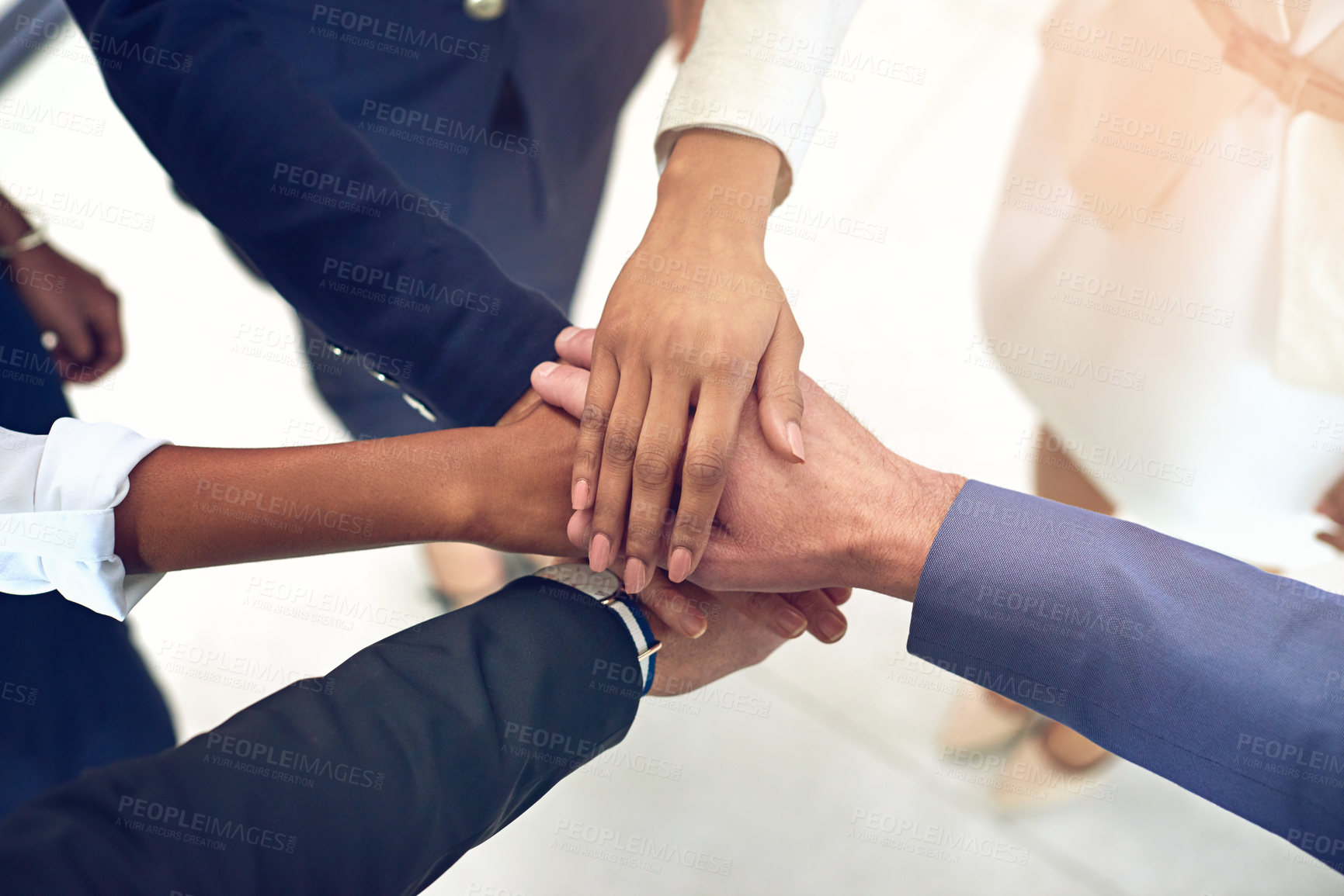 Buy stock photo Team building, business people and hands in solidarity in office for goal support, target and huddle motivation top view. Teamwork, partnership or staff cooperation, unity or mission collaboration