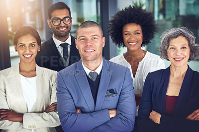 Buy stock photo Portrait of a team of corporates standing together in an office