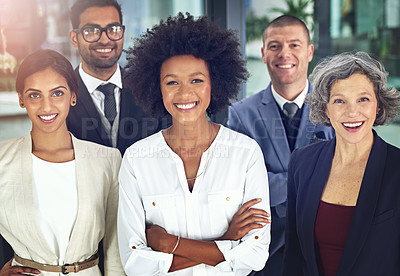 Buy stock photo Portrait, happy business people and global teamwork for collaboration, corporate pride and motivation. Group, professional staff and diversity in support, company commitment and solidarity together