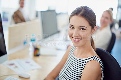 Buy stock photo Portrait, smile and business woman in coworking office for internship, new job and opportunity in public relations agency. Apprentice, creative and happy for teamwork, collaboration and press project