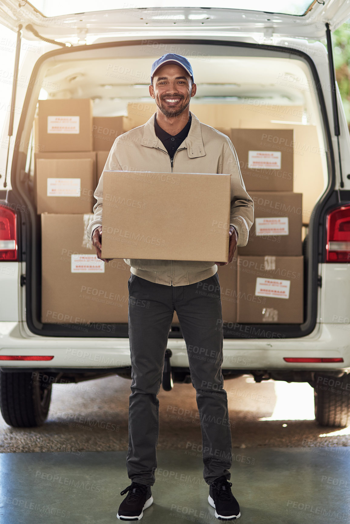 Buy stock photo Delivery, truck or courier man portrait with ecommerce box for online shopping, distribution or shipping stock. Cargo, van or driver with retail, sale transportation to supply chain for procurement 
