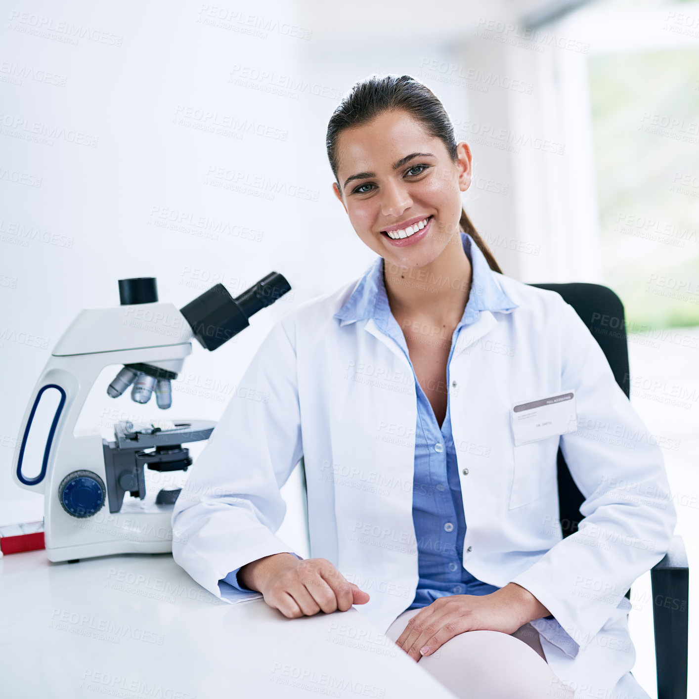 Buy stock photo Woman, portrait and smile with laboratory, microscope and tablet for research and discovery. Scientist, science and lab coat for forensics, breakthrough and drug innovation and life extension