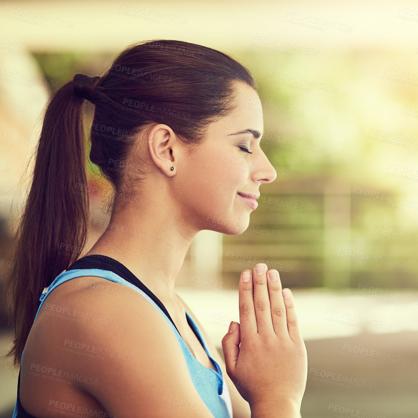 Buy stock photo Woman, yoga and praying hands with closed eyes for meditation, zen break and outside for wellness activity. Spiritual, peace and energy or chakra for body balance, mindfulness and yogi awareness