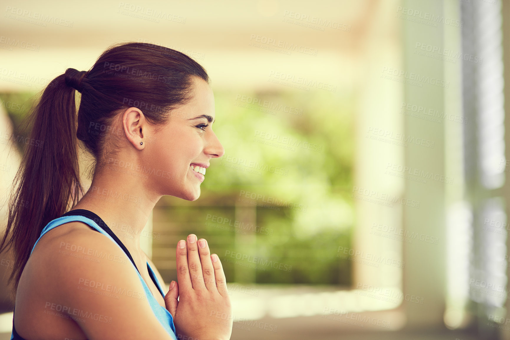 Buy stock photo Woman, yoga and praying hands or happy for meditation, zen break and outside for wellness activity. Spiritual, peace and energy or chakra for body balance, mindfulness and yogi awareness or smiling