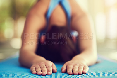 Buy stock photo Person, stretching and child pose in yoga, exercise or woman with benefits to wellness in holistic practice. Calm, workout and girl in meditation on mat for healthy routine for fitness or mindfulness