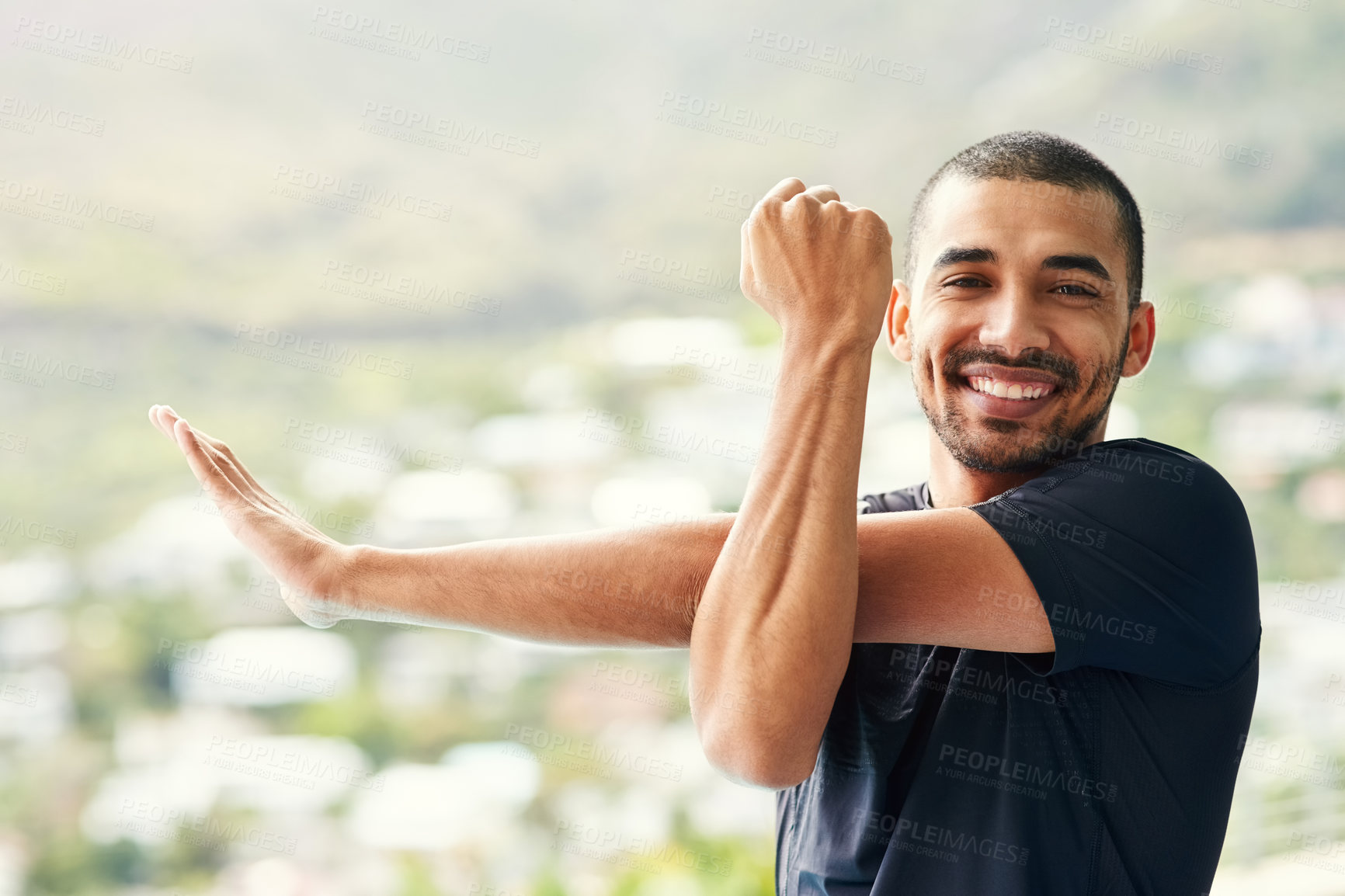 Buy stock photo Portrait, smile and man with fitness, stretching and wellness with warm up, sunshine and training. Face, healthy person and athlete with workout, challenge and flexible with exercise, body or balance