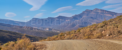 Buy stock photo Landscape, mountains and travel with road in nature for environment, horizon and growth. Sustainability, plants and tourism with outdoor path for rocks, habitat conservation and hills background