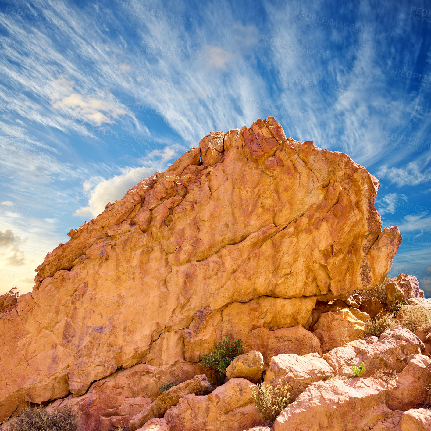 Buy stock photo Rock, sky and landscape in nature with plants, ecosystem and natural habitat creation in wallpaper. Boulder, bushes and sunshine in environment with dry climate, travel and stone in Arizona reserve