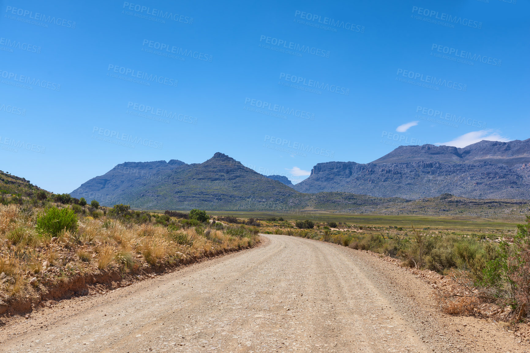 Buy stock photo Landscape, mountains and environment with road in nature for travel, horizon and growth. Sustainability, plants and tourism with outdoor path for field, habitat conservation and hills background