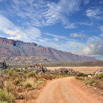 Buy stock photo Landscape, mountains and explore with road in nature for environment, horizon and growth. Sustainability, plants and tourism with outdoor path for rocks, habitat conservation and hills background