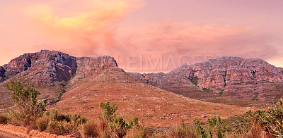 Buy stock photo Outdoor, sky and mountains with nature, landscape and travel with tourism, empty and adventure, Journey, conservation and countryside with growth, flowers and spring with ecology, plants or earth day