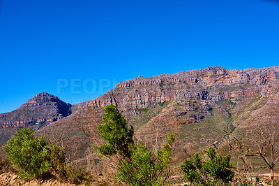 Buy stock photo Outdoor, trees and mountains with blue sky, natural and travel with tourism, empty and adventure, Australia, conservation and countryside with landscape, hill and spring with ecology and earth day