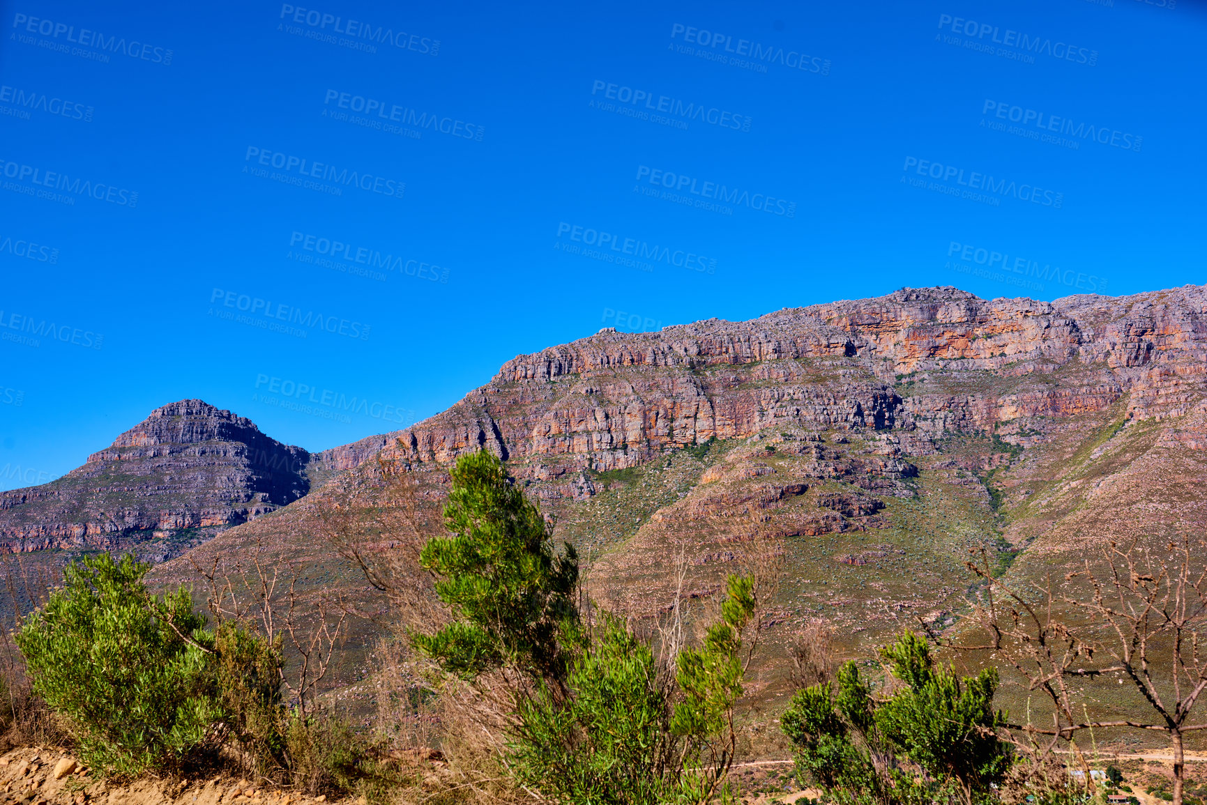 Buy stock photo Outdoor, trees and mountains with blue sky, natural and travel with tourism, empty and adventure, Australia, conservation and countryside with landscape, hill and spring with ecology and earth day