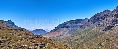 Buy stock photo Blue sky, travel and mountains with nature, landscape and earth day with tourism, empty and adventure, Environment, conservation and countryside with ecology, spring and Canada with ecosystem