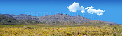 Buy stock photo Spring, landscape and mountains with nature, blue sky and travel with tourism, empty and adventure, Clouds, conservation and countryside with environment, banner and earth day with ecology and Canada