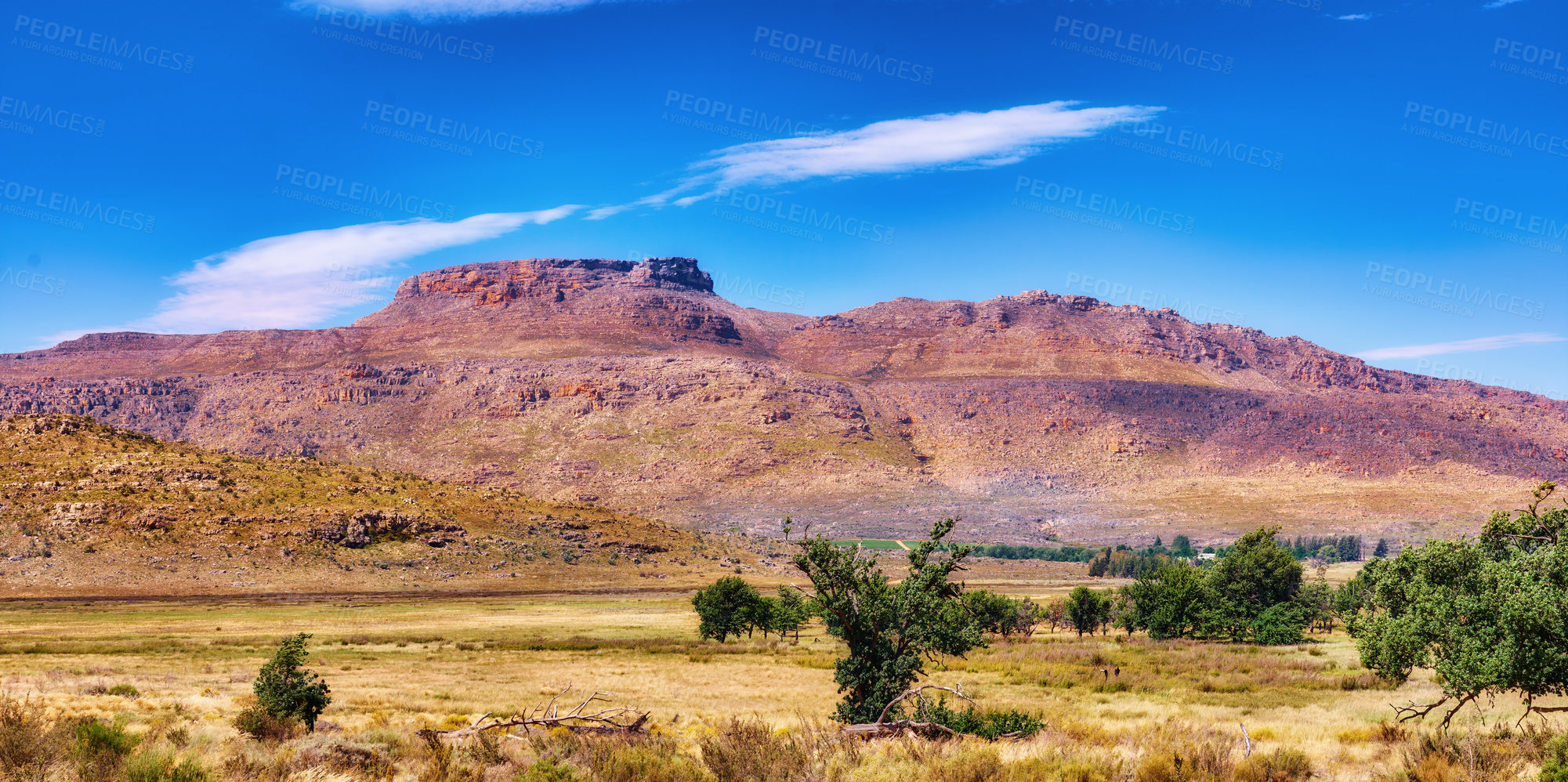 Buy stock photo Spring, blue sky and mountains with nature, landscape and travel with wallpaper, empty and adventure, Earth, clouds and countryside with ecology for biodiversity and environment with bushes