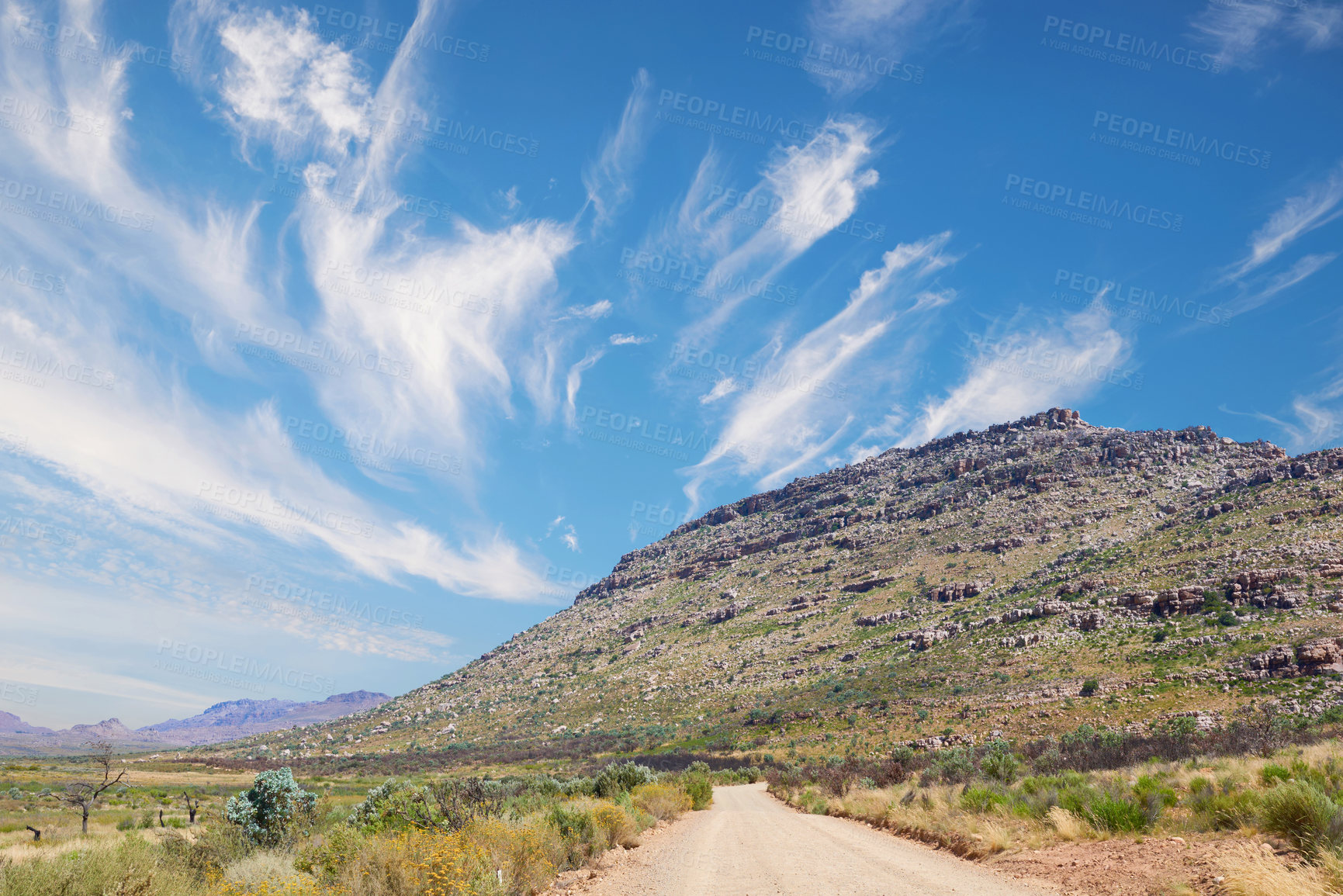 Buy stock photo Path, ecology and nature with mountain by blue sky, plants and climate change in conservation. Landscape, sustainable growth and journey with trails for hiking, trekking and adventure in Switzerland