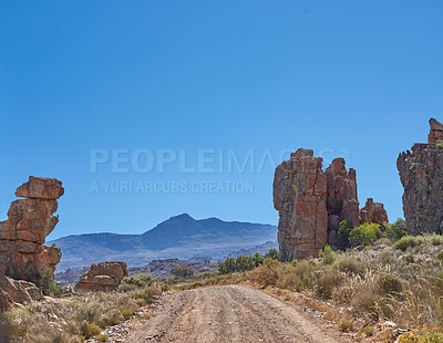 Buy stock photo Mountain road, nature and outdoor as landscape for hiking, sightseeing and travel as background. Countryside, wilderness and texture for mockup space, environment and sustainable ecology in Australia