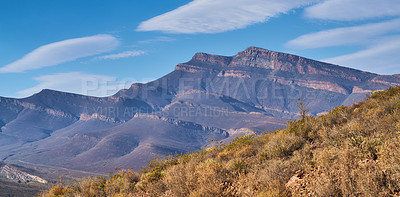 Buy stock photo Nature, landscape and mountains with blue sky for environment, ecosystem and ecology in South Africa. Natural background, wallpaper and plants for scenic destination, travel or journey in countryside