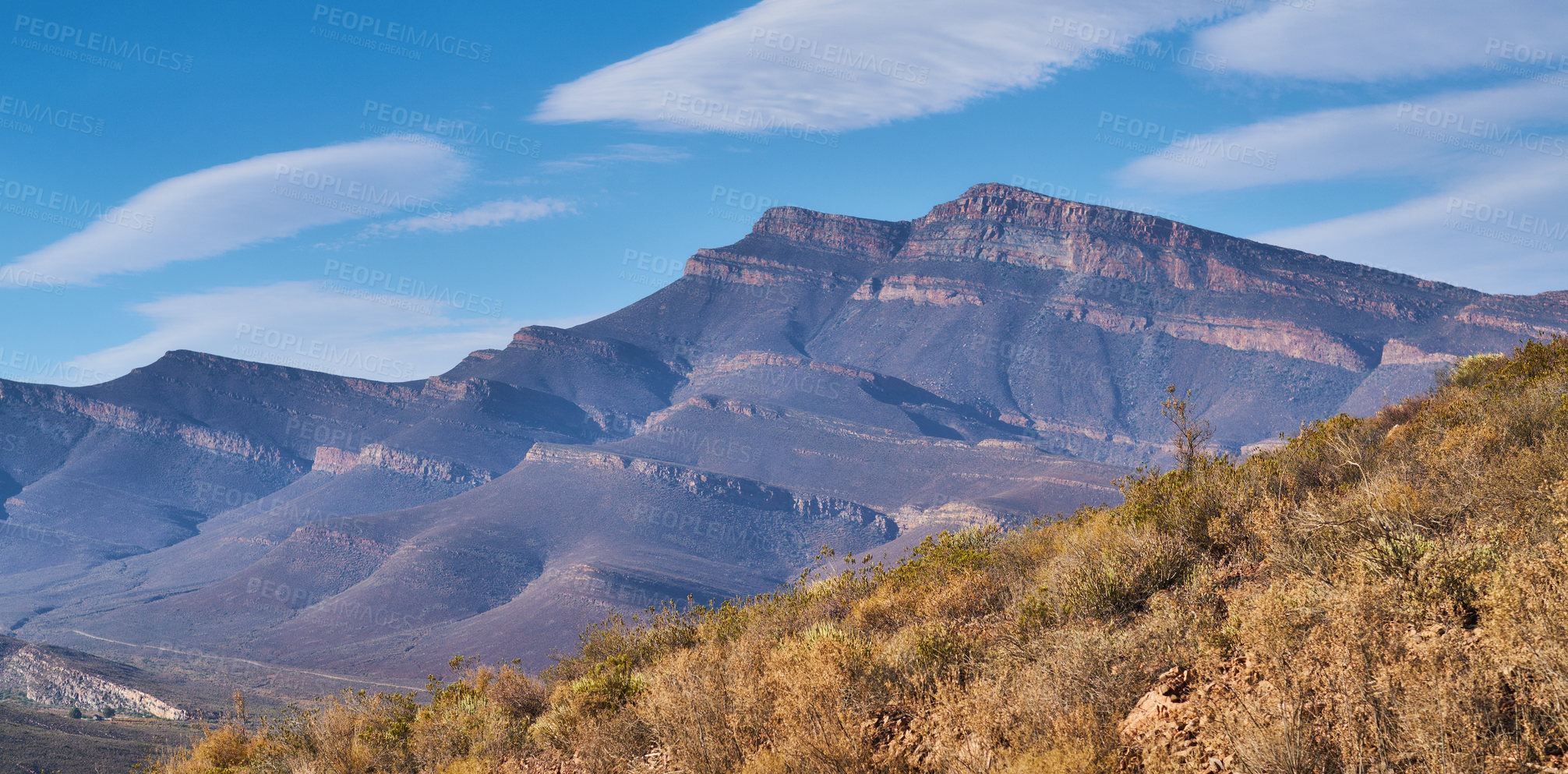 Buy stock photo Nature, landscape and mountains with blue sky for environment, ecosystem and ecology in South Africa. Natural background, wallpaper and plants for scenic destination, travel or journey in countryside