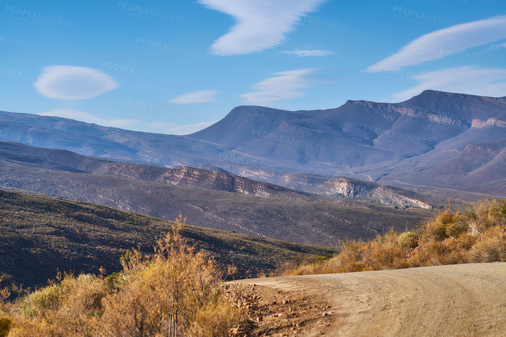 Buy stock photo Road, mountains and environment with nature, rugged terrain and adventure with journey. Empty, travel and hills with Australia desert, ecology or plants with landscape, arid and sunshine with flora