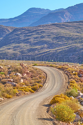 Buy stock photo Road, mountains and environment with nature, plants and adventure with journey. Empty, travel or hills with Australia desert, ecology or tourism with landscape, arid or sunshine with flora or habitat