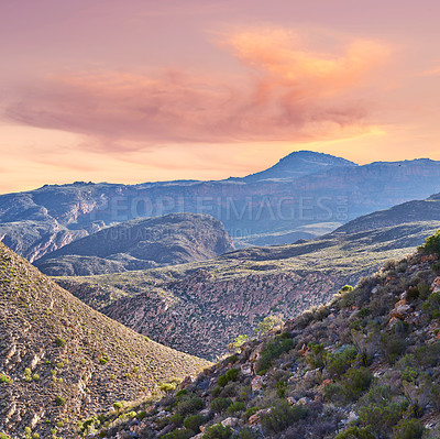 Buy stock photo Countryside, mountains and environment with nature, sky and adventure with journey. Empty, travel and hills with Australia desert, ecology or plants with landscape, arid and sunshine with tourism