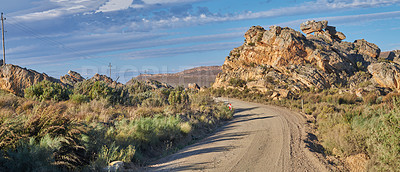 Buy stock photo Dirt road, mountains and environment with nature, travel and adventure with journey. Empty, landscape and hills with Australia desert, banner or plants with countryside, arid and sunshine with flora