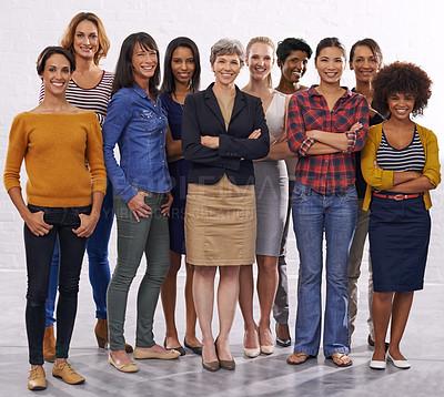 Buy stock photo Women, studio and portrait with diversity, business people and leadership with pride. Isolated, white background and female empowerment with staff and friends together with support and success