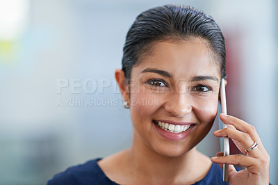 Buy stock photo Phone call, lawyer and portrait of business woman in office for contact, online discussion and b2b communication. Corporate, legal consultant and person on smartphone for talking, chat and networking