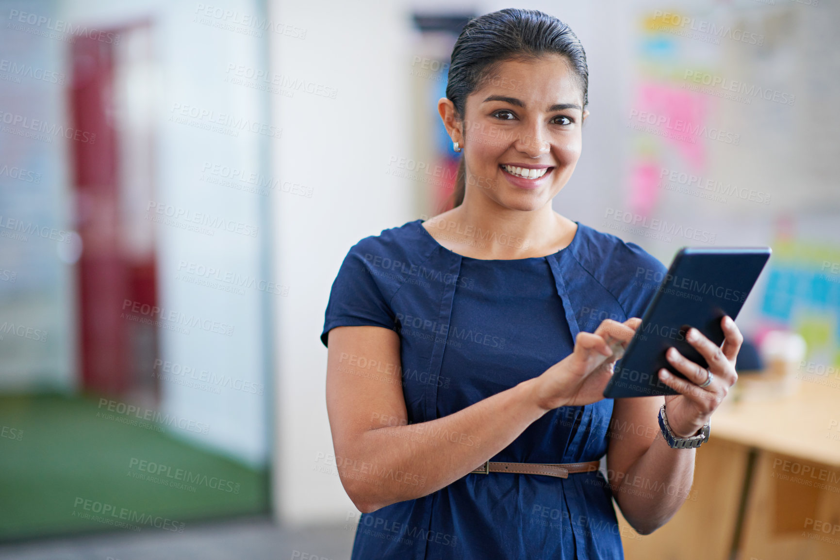 Buy stock photo Creative, woman and portrait with tablet planning in startup, office and online market research. Professional, tech and project manager in Mexico agency with social media, app and post to website