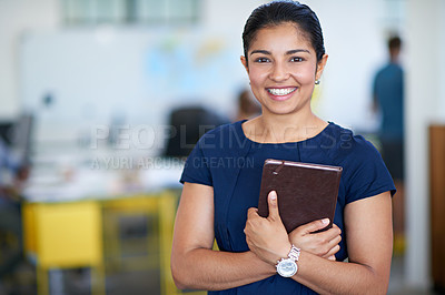 Buy stock photo Creative, woman and portrait of project manager with tablet planning schedule in startup or office. Professional, tech and person, calendar reminder and app to contact with email and communication