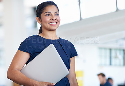 Buy stock photo Creative, woman and entrepreneur thinking with laptop in startup or office with ideas for future. Professional, confidence or project manager remember business plan for development or proposal