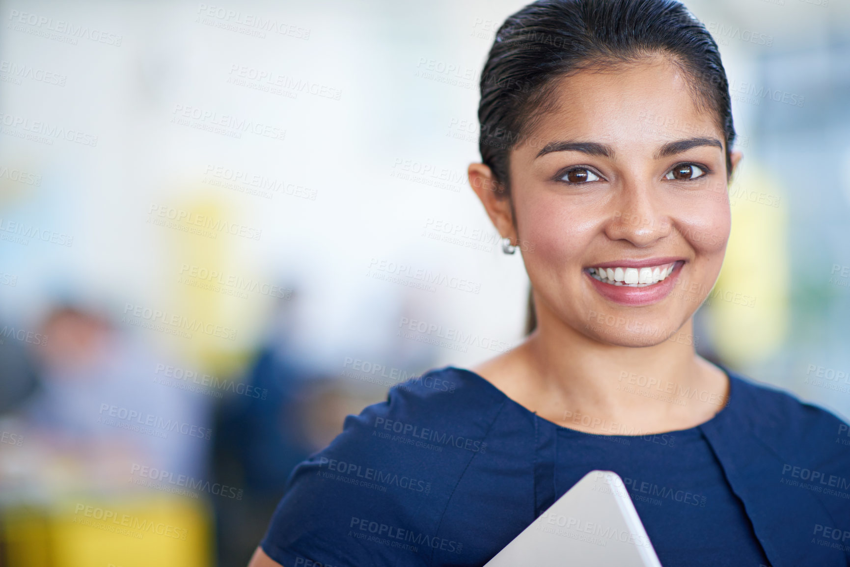 Buy stock photo Woman, entrepreneur and portrait of realtor in office with opportunity for development in Mexico. Professional, confidence and real estate agent with happiness in sale of property, rent or mortgage