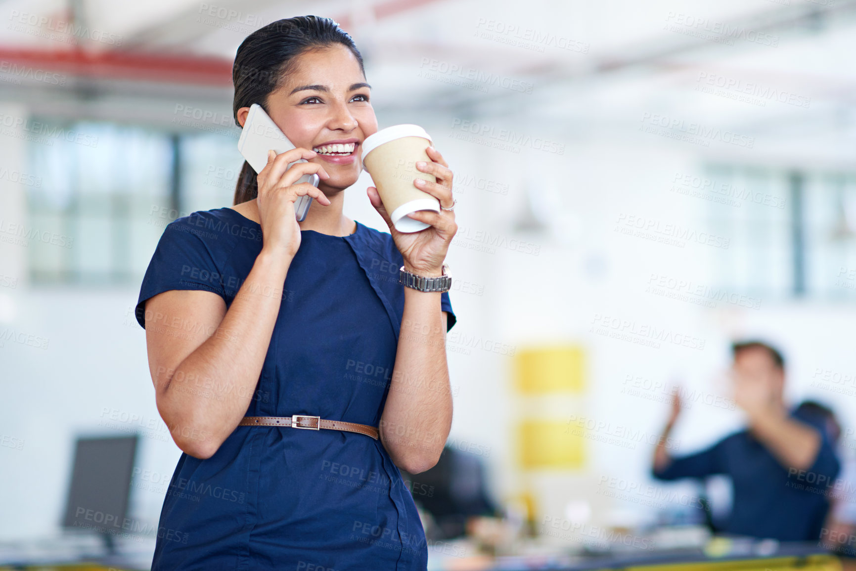 Buy stock photo Phone call, coffee and happy business woman in office for contact, online discussion and b2b communication. Corporate, legal consultant and person on smartphone for talking, chat and networking