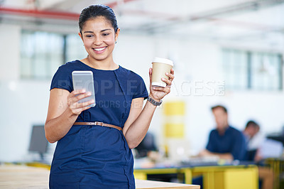 Buy stock photo Business, woman and coffee with phone or happy for text message, communication and social media scroll in office. Corporate, employee or smile with smartphone for mobile chat notification on break