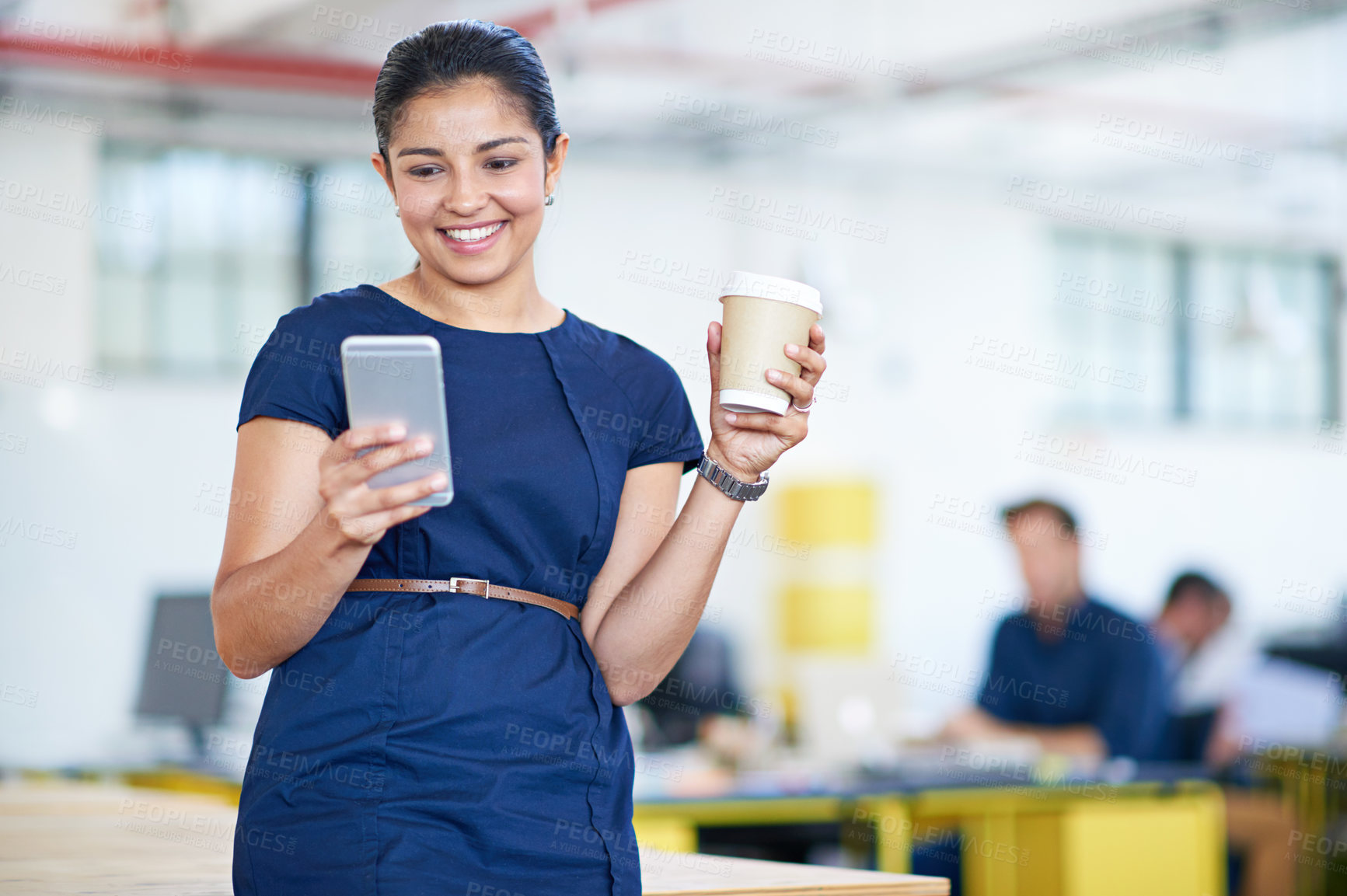 Buy stock photo Business, woman and coffee with phone or happy for text message, communication and social media scroll in office. Corporate, employee or smile with smartphone for mobile chat notification on break